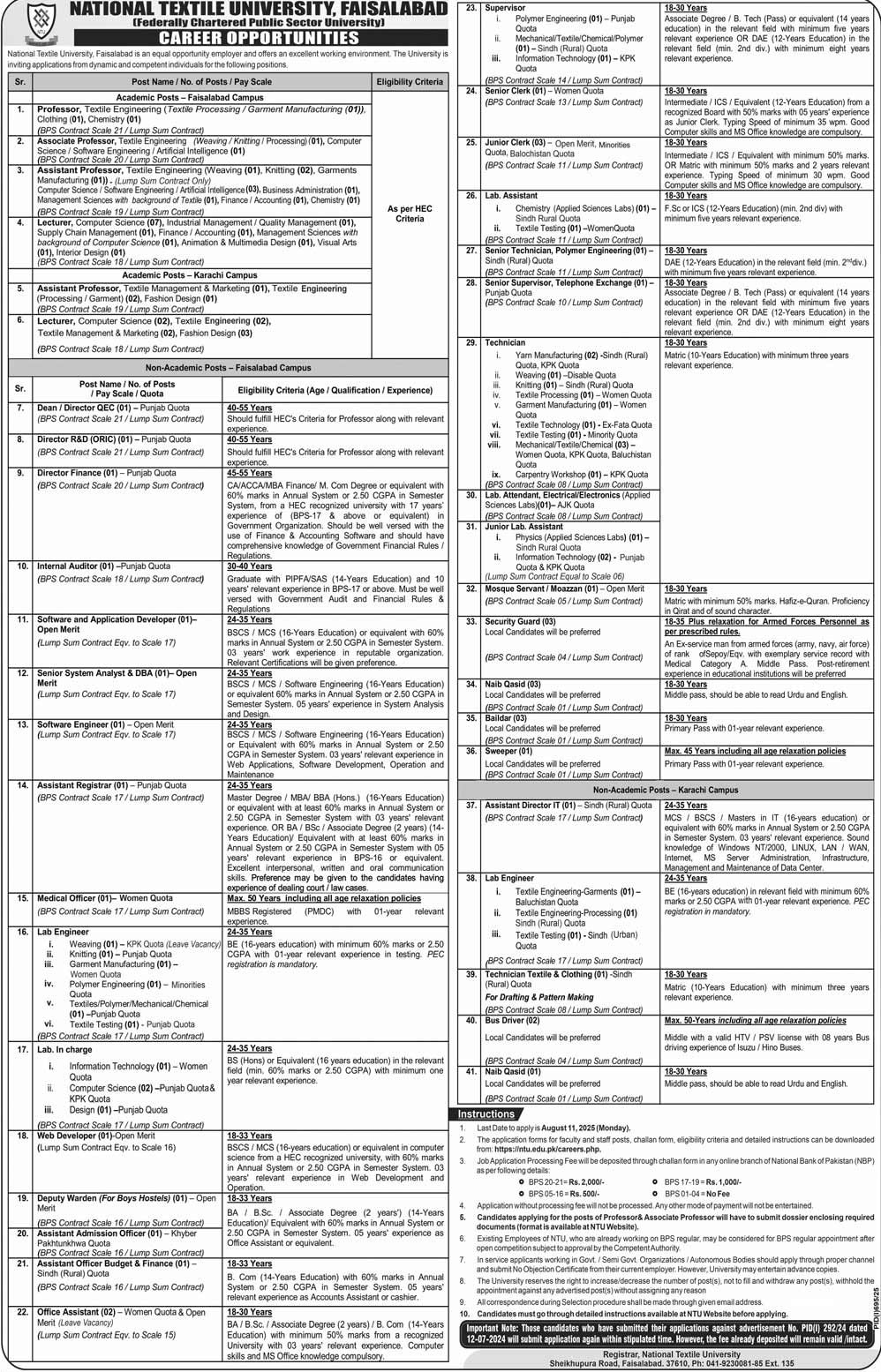 Jobs in National Textile University Faisalabad
